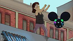 The Dancing Person from the Bobs Burgers Movie Bridged by a Lightwave - Deadmau5. This Captivating Scene Features Energetic Moves and Musical Vibes.