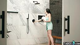 skinny brunette charlotte sins uses dildo on small tits before deepthroating and riding big black cock in shower