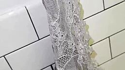 Roomate left her thongs on the bathroom floor for me to masturbate with crazy hard big cock solo action. I fucked her sexy amateur body later.