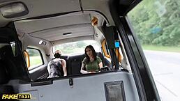 Fake taxi sex doll watches as cabbie cheats with tattooed brunette babe Natasha Ink in backseat pounding.