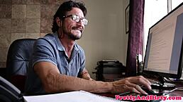 Fantasy teen deepthroating hard cock in close-up scene.