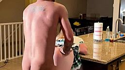 Naughty schoolgirl in miniskirt sucks big cock then gets doggystyle creampie on kitchen counter with wet pussy dripping