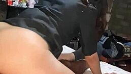 Secretary slut takes boss cock in Mexican amateur quickie! She moans for cum but he finishes outside!