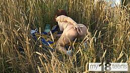 My18teen 18+ Cute Redhead Girl Walks In Field Masturbating Wet Tight Pussy With Fingering Outdoors