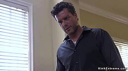 sex trafficer dominates busty skinny blonde in rough group fucking. she submits to bound bdsm bondage with big tits exposed for hardcore fetish action.