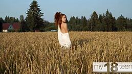 My18teen 18+ Cute Redhead Girl Walks In Field Masturbating Wet Tight Pussy With Fingering Outdoors
