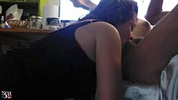 French slut in black tight satin dress red lingerie bra with big satin bow does rimming blowjob multi-position fucking dirty talk pov