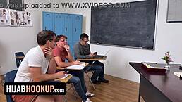 seducing teacher with perky tits and shaved pussy leads to classroom cowgirl ride on cock