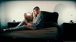 Petite teen 18+ Candice with small tits masturbates shaved pussy solo using a flower for fingering