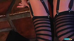 Blonde with small 18+ tits in sexy lingerie gets blindfolded and fucked by two guys in 3some deepthroat action.