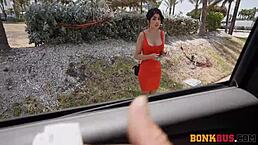 Sexy engineer girl measures big things in the car and bus for fun