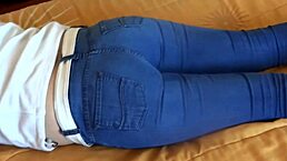 Step mom with big ass watches my handjob and I cum on her used thongs