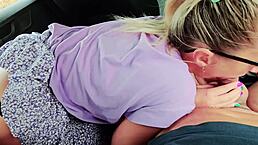 Mom's friend surprises with deepthroat blowjob and cum in mouth during outdoor car adventure