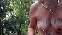 Amateur Slut Bent Over in Doggystyle with Natural Tits Using Dildo for Solo Orgasm in Outdoor Public Forest Humiliation