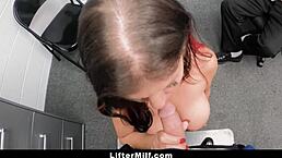 Security officer dominates and fucks the busty shoplifting milf. He does it right in front of her shocked husband during the intense garage punishment.