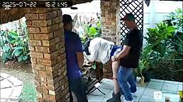 The spycam captured my wife cheating outdoors with my two best friends while I was at work.