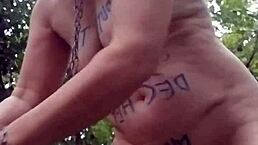 Amateur Slut Bent Over in Doggystyle with Natural Tits Using Dildo for Solo Orgasm in Outdoor Public Forest Humiliation