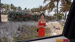 Sexy engineer girl measures big things in the car and bus for fun