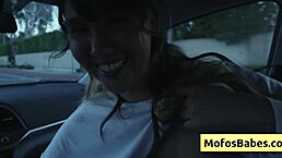Sexy asian hottie plays with big natural tits in car while friend watches 😏