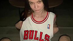 Good girl gives her stepdad a deep blowjob while kneeling! Cum on stepdaughter big natural tits.