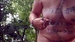 Amateur Slut Bent Over in Doggystyle with Natural Tits Using Dildo for Solo Orgasm in Outdoor Public Forest Humiliation