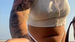 hoje eu vou da só uma chupadinha on redhead's big swollen pussy lips at beach.