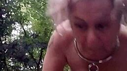 Amateur Slut Bent Over in Doggystyle with Natural Tits Using Dildo for Solo Orgasm in Outdoor Public Forest Humiliation