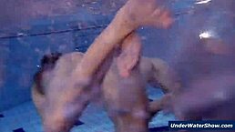 horny girls strip each other in the pool