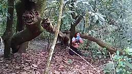 Young exhibitionist flashes her big pussy in the ecological park after guy pays to see it