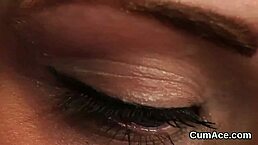 Bombshell slut swallows cum shots all over her face!