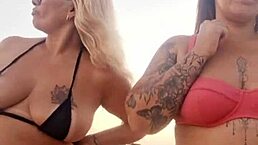 Blonde amateur chats dirty on the beach with her naughty latina friend before they deflower the young virgin guy they meet