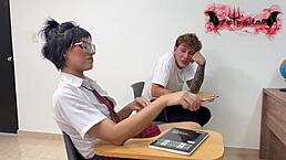 casually narrating, the naughty skinny schoolgirl teen fucks her classmate doggystyle with deepthroat blowjob and creampie finish