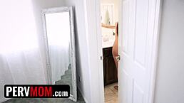 stepmom spots stepson jerking with her thong around his cock then rides him missionary on mother's day