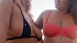 Blonde amateur chats dirty on the beach with her naughty latina friend before they deflower the young virgin guy they meet