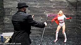 what happens when a bound superheroine in cosplay gets turned into a machine-fucked sexbot with trimmed pussy?