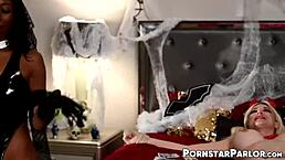 Interracial lesbian pounding features Leya Falcon and Mocha Menage with dildo scissoring cosplay