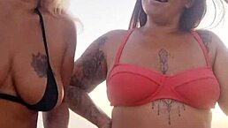 Blonde amateur chats dirty on the beach with her naughty latina friend before they deflower the young virgin guy they meet