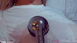 big tits busty pornstar gets wet in shower with tshirt on 😍 her blonde hair and huge boobs look so sexy