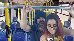 In a casual outdoor public scene, a sexy student with narrow ass in miniskirt gets surprised. Stranger on the bus or train explores her skirt allure.