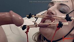 Bound blowjob doll Alisha Adams gets intense face fucking in MMF anal group session with monster cocks