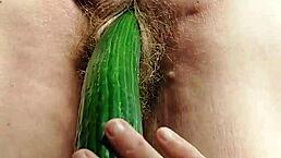 In this casual tale, a hairy German granny stuffs her pussy with a huge cucumber for wild food fetish fun.