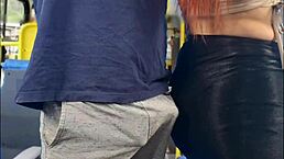 In a casual outdoor public scene, a sexy student with narrow ass in miniskirt gets surprised. Stranger on the bus or train explores her skirt allure.