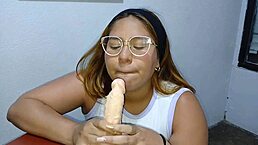Latina sucking and fucking a dildo with big natural tits and huge ass shaking!