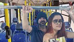In a casual outdoor public scene, a sexy student with narrow ass in miniskirt gets surprised. Stranger on the bus or train explores her skirt allure.