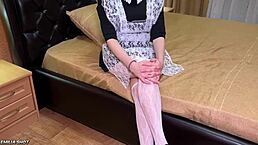 young wife teases in lingerie and panties on bed with husband in homemade roleplay