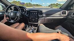 Friend gives a messy handjob leading to huge cumshot during a car drive