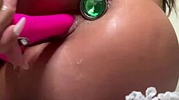 Sexy lingerie cream on body masturbation with dildo anal plug.