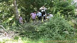 Outdoor swinger orgy escalates into groupsex with flexible German amateurs banging wildly