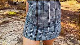 I forgot to wear panties today, the shaved pussy milf whispers while flashing upskirt in voyeur style.