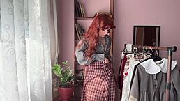 library girl in cosplay shows off her curly hair